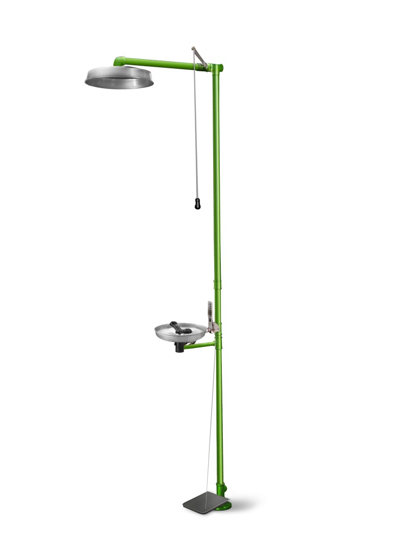 Chuveiro e Lava Olhos de Emergência Bacia INOX com PEDAL | Indigo Safety