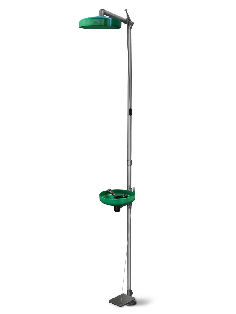 Chuveiro e Lava Olhos de Emergência INOX com PEDAL e Bacia ABS | Indigo Safety